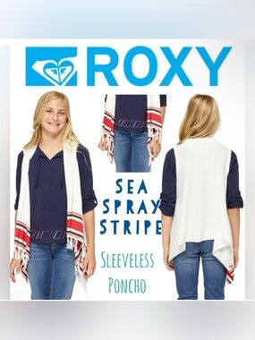 Roxy | Fringed Sleeveless Poncho 🌊 Sea Spray Stripe | S COPY